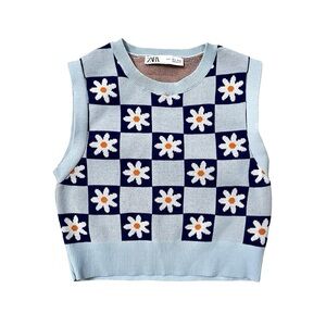 Zara Baby Blue Checkered Daisy Knit Cropped Vest Top Size S